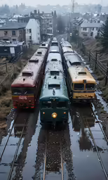 a view of two trains parked next to each other in the rain