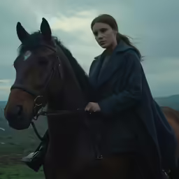 the woman in black is riding a horse