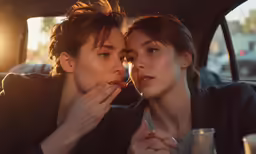 two women sitting in a car and one is brushing her teeth