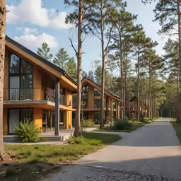 there are lots of trees and buildings next to the road