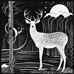a black and white illustration with a deer,a white and black drawing of a deer with stars