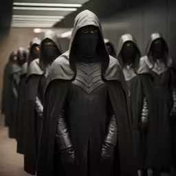 a row of people wearing suits and hoods