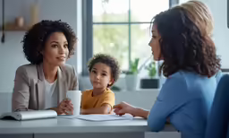 a woman is sitting at a desk with a young boy