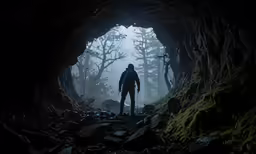 a man standing in a large tunnel filled with moss