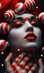 a lady with red and white striped nails, eyeshadow and eye makeup