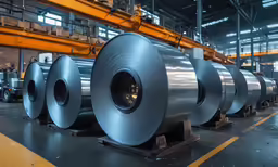 rolls of rolled steel sit on the floor in a warehouse