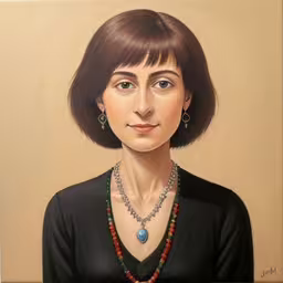 a portrait painting of a woman with beads in her necklace,the woman in a black dress has a colorful necklace on her neck,a painting of a woman in black with beads on her necklace,a woman that has a necklace on her,a painting shows a woman wearing a necklace and a black shirt