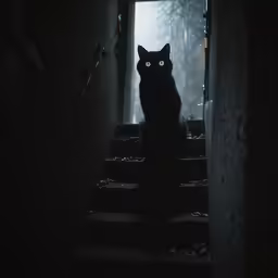 a black cat sitting on steps with glowing eyes in dark room