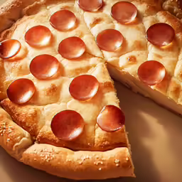 pepperoni pizza is cut into large pieces
