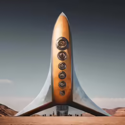 a big brown rocket sitting in the middle of desert