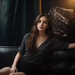 a beautiful woman sitting on a black couch in front of a painting