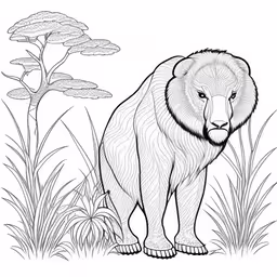 a bear standing in the grass with plants and mushrooms