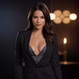 a woman in a black suit is posing for a picture