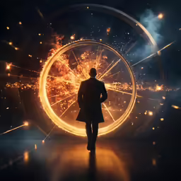 a man in a suit looks at fireworks that are spinning