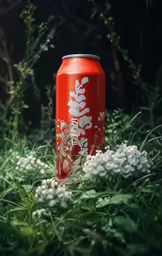 a red can sitting in some white flowers