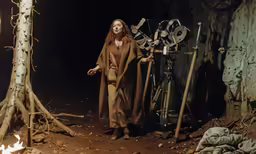 the woman with the brown coat is standing next to the old spinning wheel