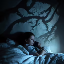 a young woman laying in a bed talking on a phone
