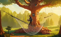 a man sitting on top of a hammock by a tree,an artwork that looks like there is a tree and a person in a hammock hanging upside down from a tree
