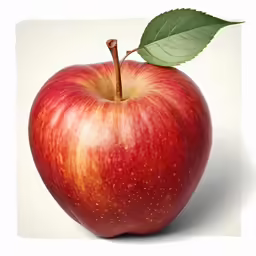 a single apple with leaves and a stem on the front