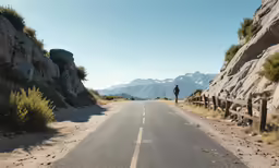 man walking down the middle of a long straight road