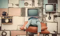 a man laying on a pillow in front of a wall with tvs