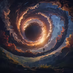 a dark and stormy, swirling, arty landscape with a lone person standing in the middle of it