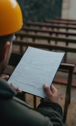 a person wearing a helmet looking at a piece of paper