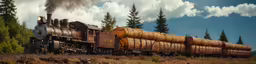 a painting shows a train traveling through the countryside