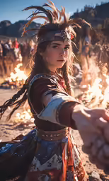 two people dressed in costumes, one holding hands and one wearing a costume with flames on it