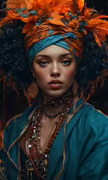 the young woman is wearing a large blue headpiece