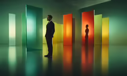 a man standing in a room with several colored panels