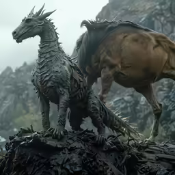 a pair of statues that look like the creatures are on top of rocks