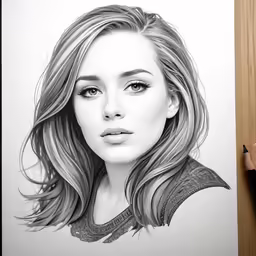 a person drawing a portrait on paper next to a wooden wall
