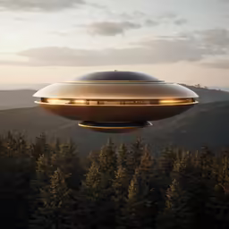 an flying object with lights above trees and mountains