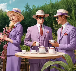 three people in formal attire standing around a table,three people in lila suit standing around a table