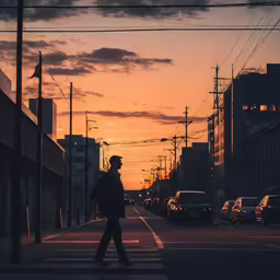 a man walks down the street in front of some buildings