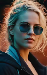 a model wearing dark sunglasses poses for the camera