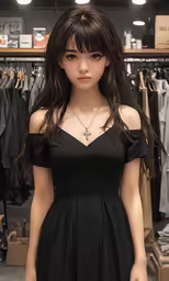 the young woman is standing in front of a rack of clothes