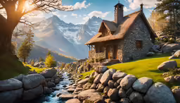 a pretty cabin is in the middle of a green valley