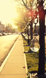 a lamp hanging from a tree in the sunlight