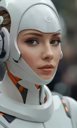 a robot is standing with headphones on