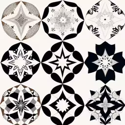 eight geometric designs on white background each in one individual and six different colors,black and white circles with an intricate design on them,six stars with intricate designs in a circle,nine circular designs, each one different, for using an optical tool to create an intricate and ornate,nine geometric designs that can be made in multiple colors