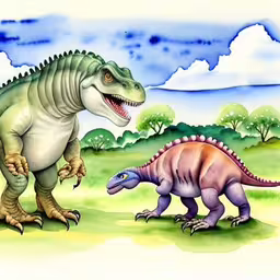 two dinosaurs on a grassy field and some trees