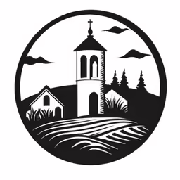 the church with a cross and fields is depicted