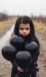 a girl is holding many black balloons and looking surprised