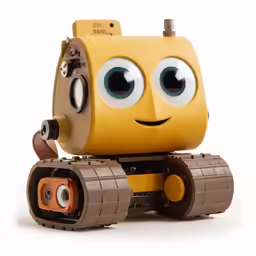 this yellow toy robot with eyes has big eyes and is smiling