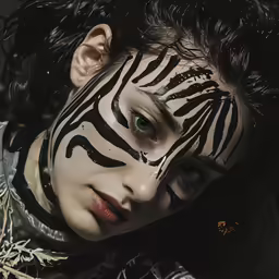 a woman wearing a zebra face paint and a scarf