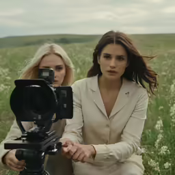 two women in a field with a camera