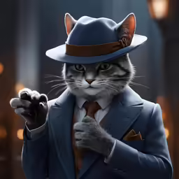 a painting of a cat wearing a hat and blue suit