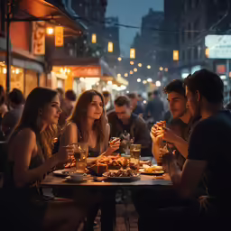 a number of people sitting at a table eating food